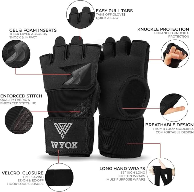 WYOX Gel Boxing Hand Wraps Inner Gloves for Men & Women, 80cm Quick Wrist Straps, Padded Knuckle Protection for Muay Thai Kickboxing, Hand Wraps for Boxing & Martial Arts