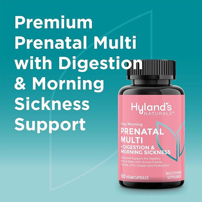 Hyland's Easy Morning Prenatal Multivitamin + Digestive Health & Morning Sickness Relief - 60 Vegan Capsules - with Folate, Choline, Zinc, Ginger Root, Prebiotics and Algae DHA