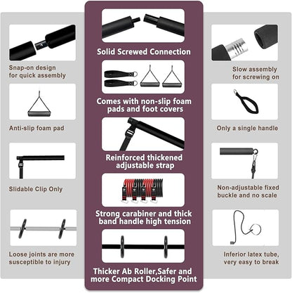 Ultimate Pilates bar kit.Multiple Fitness bar with Resistance Bands, Ab Rollers. Core Strength Training Equipment. Squat Machine for Men and Women. Portable Home Gym
