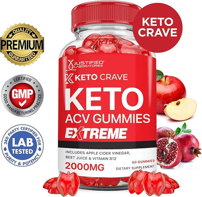 (3 Pack) Keto Crave Keto ACV Gummies Extreme 2000MG Keto Crave Keto Gummies Advanced Formula Apple Cider Vinegar with Pomegranate Beet Juice Powder B12 Vegan Non GMO 180 Gummys