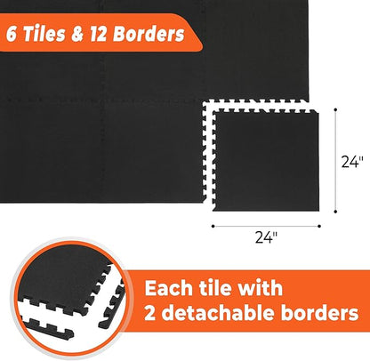 SUPERJARE 0.4 Inch Gym Flooring for Home Gym 6 Tiles 24" x 24" Workout (24 sqft)