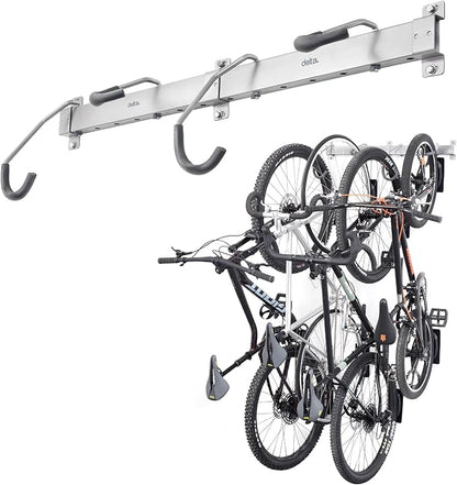 Garage Bike Rack Wall Mount Rail Rack by Delta Cycle - Bike Hangers for Garage - Bike Storage Rack for MTB, Road & Ebike - Holds up to 300 lbs - Fully Adjustable Staggered Hook Design