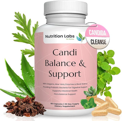 Candida Yeast Cleanse Supplement for Women & Men. Gut Flora & pH Level, Intestinal Health W/Probiotics. Anti Yeast Overgrowth W/Oregano, Caprylic Acid 60 CT
