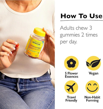 RESCUE Bach Plus Mood & Stress Support Gummies, Daytime Dietary Supplement with Passionflower, GABA, Saffron & Vitamin D, Natural Orange Flavor, Vegan & Gluten-Free, 3 Pack, 180 Count Total