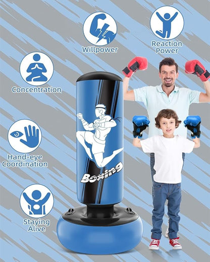 66 Inch Inflatable Kids Punching Bag with Boxing Gloves, Freestanding Boxing Bag, Stand Kids Punching Bag Toy, Bounce-Back Bag Gifts for Kids, Girls, Boxing Set for Practicing Karate, Taekwondo, MMA
