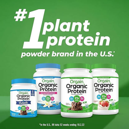 Orgain Organic Vegan Protein Powder, Creamy Chocolate Fudge - 21g Plant Protein, 7g Prebiotic Fiber, Low Net Carb, No Lactose Ingredients, No Added Sugar, Non-GMO, For Shakes & Smoothies, 2.03 lb