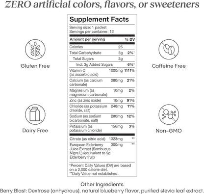 Hydralyte Electrolytes Plus Immunity, Elderberry - Low Sugar Rapid Rehydration Powder - Lightly Sparkling Electrolyte Powder Packets with 1,000mg Vitamin C and 300 mg Elderberry (8oz Serve, 12 Count)