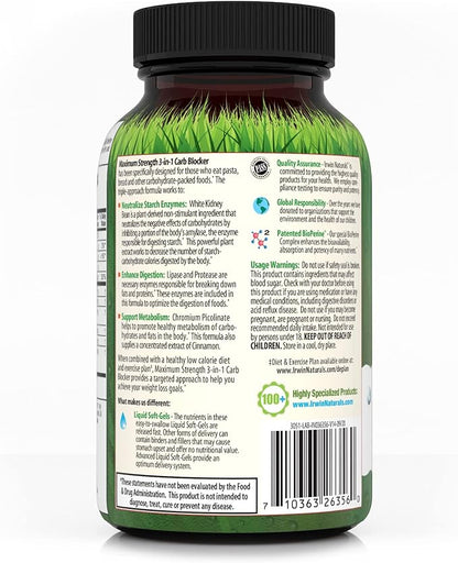 Irwin Naturals Maximum Strength 3-in-1 Carb Blocker - Neutralize Carbohydrates - 75 Liquid Softgels