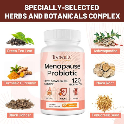 Menopause supplements for women, 120 Billion CFU Probiotic, 13-in-1 Herbs & Botanicals Complex, for Hormone Menopause, Hot Flashes, Night Sweats, Mood Swings, Sleep Disturbances, Vegan, 5Packs