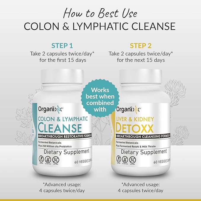 Organixx Lymphatic & Colon Cleanse Supplement with 250 Million CFU Probiotics for Gut Health for Women & Men, Digestive Support, Lymphatic System, Gluten Free, Non GMO, 60 Vegetarian Capsules