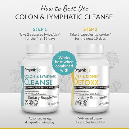 Organixx Lymphatic & Colon Cleanse Supplement with 250 Million CFU Probiotics for Gut Health for Women & Men, Digestive Support, Lymphatic System, Gluten Free, Non GMO, 60 Vegetarian Capsules