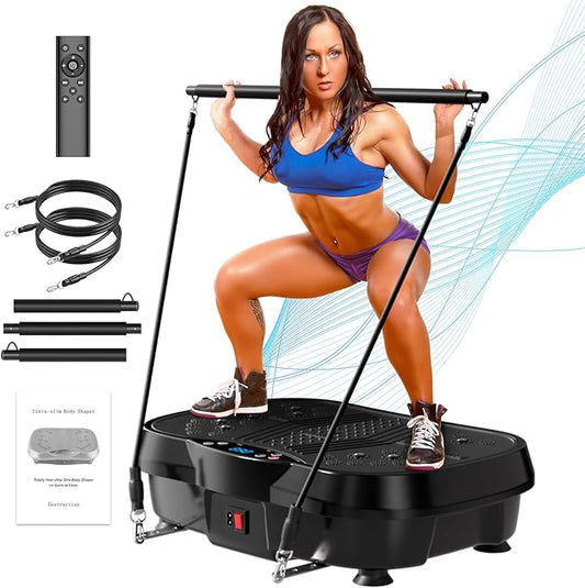 Vibration Plate Exercise Machine - Whole Body Workout Vibration Platform Machine for Lymphatic Drainage, Home Fitness & Weight Loss w/Pilates Bar + Resistance Bands + Remote