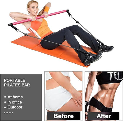 Pilates Bar Kit Perfect for Home Office Gym 4Pcs Resistance 3Pcs Adjustable 2Pcs Feet (10Pcs Set)