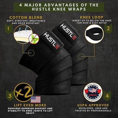 Hustle Athletics Knee Wraps - Exercise Equipment for Working Out - Compression Equipment Support Bands for Women and Men - Weightlifting Stabilizer Pads for Sports and Leg Workout Gym Straps
