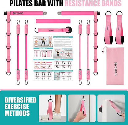 Pilates Bar Kit With Resistance Bands, Workout Equipment for Legs, Hip, Waist, Arm, Squats Exercise Equipment for Home Workouts, Adjustable 3-Section Bar Kit for Women & Men