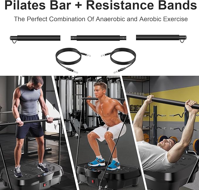 Vibration Plate Exercise Machine - Whole Body Workout Vibration Platform Machine for Lymphatic Drainage, Home Fitness & Weight Loss w/Pilates Bar + Resistance Bands + Remote