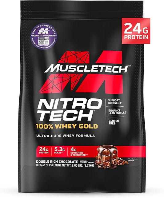 Whey Protein Powder , MuscleTech Nitro-Tech Whey Gold Protein Powder , Whey Protein Isolate Smoothie Mix , Protein Powder for Women & Men , Chocolate Protein Powder, 8 lbs (109 Servings)