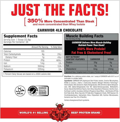 MuscleMeds CARNIVOR Beef Protein Isolate Powder, Muscle Building, Recovery, Lactose Free, Sugar Free, Fat, Free, 23g Protein, Halal Certified, Chocolate, 56 Servings