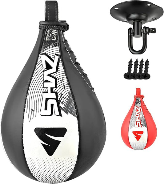 SHAZ Skin-Tec Leather Boxing Speed Bag with Swivel Punching Training Speedbag MMA Muay Thai Punch Speed Ball with Hanging Swivel Mount Dodge Striking Speedball