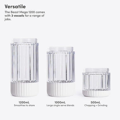 Beast Mega 1200 Plus | Premium Countertop Blender | Smoothies, Shakes, Sauces, Dips, Soups | Blends Ice and Frozen Fruit | XL Vessel | With Extra Vessels, Straw System | 1200W | (Cloud White, 120V)