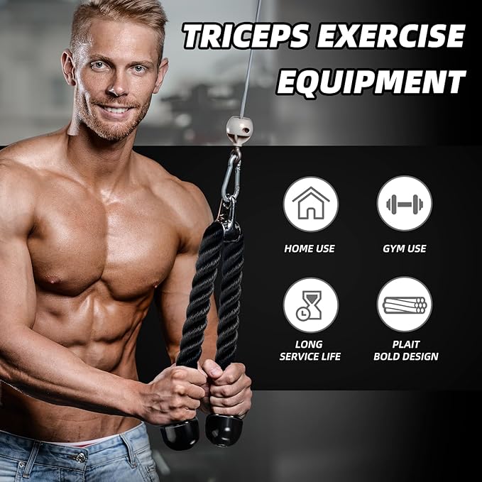 tchrules Universal Tricep Rope Pull Down, 27 Inch Heavy Duty Rope Length, Easy to Grip & Non Slip Cable Workout Exercise Machine Attachment, Suitable for Professional Gyms
