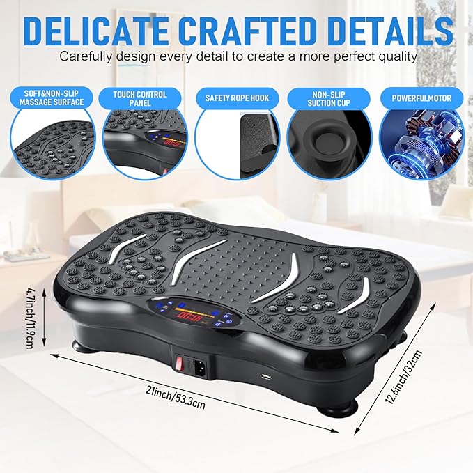 Vibration Plate Exercise Machine,Whole Body Workout Equipment for Weight Loss,Lymphatic Drainage Machine,Gyms Workout with Adjustable Speeds and Resistance Bands,Compact Vibration Platform for Home