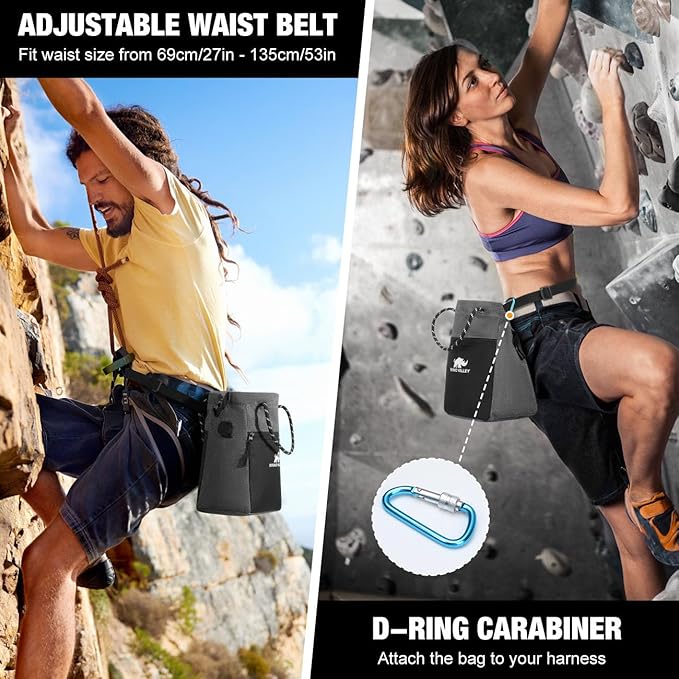 Rhino Valley Chalk Bag for Rock Climbing, No Leak Magnetic Climbing Chalk Bag with Handle, Climbing Chalk Bucket Gear with Adjustable Belt Zipper Pockets for Cross Fit, Weight Lifting