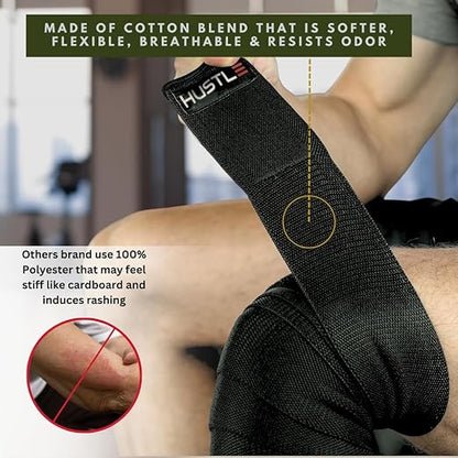Hustle Athletics Knee Wraps - Exercise Equipment for Working Out - Compression Equipment Support Bands for Women and Men - Weightlifting Stabilizer Pads for Sports and Leg Workout Gym Straps