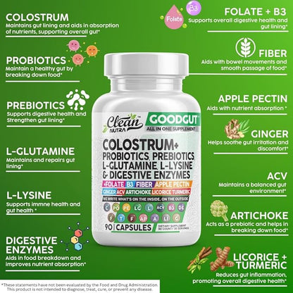 Colostrum Supplement Capsules Probiotics Pills Prebiotics, L-Glutamine, Digestive Enzymes, Folate, Fiber, ACV, Turmeric, Apple Pectin and Turmeric Clean Nutra Good Gut