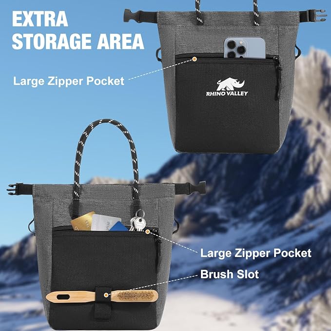 Rhino Valley Chalk Bag for Rock Climbing, No Leak Magnetic Climbing Chalk Bag with Handle, Climbing Chalk Bucket Gear with Adjustable Belt Zipper Pockets for Cross Fit, Weight Lifting