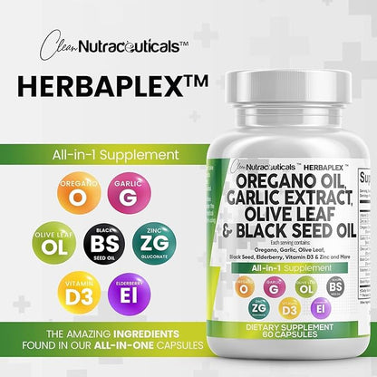 Clean Nutraceuticals Oregano Oil Garlic Extract Olive Leaf Black Seed Oil - Immune Support & Digestive Health Supplement for Women and Men with Vitamin D3 & Zinc - 2Pack