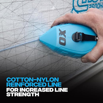 OX Pro Contractor Chalk Line 100ft Cotton Nylon Bold Line with Pointed Tip and ABS Plastic Body - 1:1 Gear Ratio Chalk Box Professional Grade Chalk Reel Tool OX-T630502