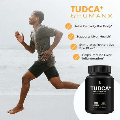 HUMANX TUDCA+ 1000mg (Tauroursodeoxycholic Acid) Powerful Serving Size - Liver Health Aid for Detox and Cleanse - Vegan, Non GMO - USA Made Easy to Swallow Capsules - Tudca Bile Salt Supplement Powder
