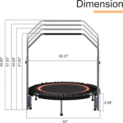 40"/48" Foldable Mini Fitness Rebounder with Adjustable Foam Handle, Max Load 330/440 lbs, Indoor Cardio Exercise Rebounder for Adults
