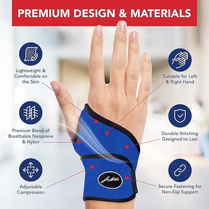 Doctor Developed Wrist Brace - Wrist wrap for Carpal Tunnel Arthritis,Tendonitis, Hand Support - Ideal for Fitness, Weightlifting - Handbook included (Blue, 2 Pack)
