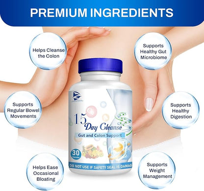 15 Day Cleanse -15 Day Gut Cleanse-Pastillas de 15 Dias para Limpiar El Colon, Advanced Formula with Senna, Cascara Sagrada & Psyllium Husk (1 PC)