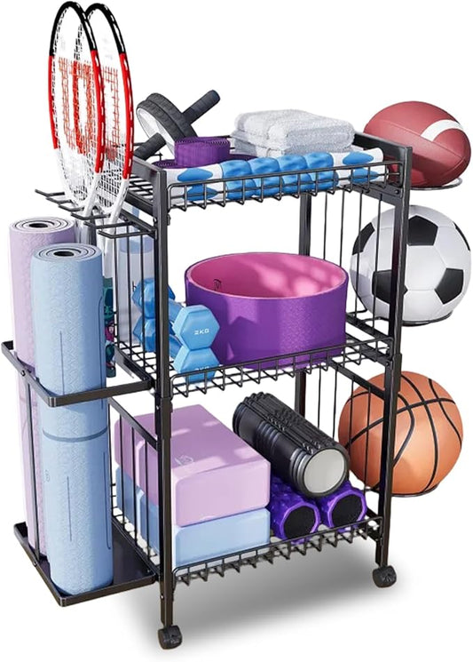 Yoga Mat Storage Rack, Home Gym Organizer Rack Yoga Mat Holder, Workout Storage for Yoga Mat, Gym Equipment Storage Cart with Wheels and Hooks for Home Exercise and Fitness Gear