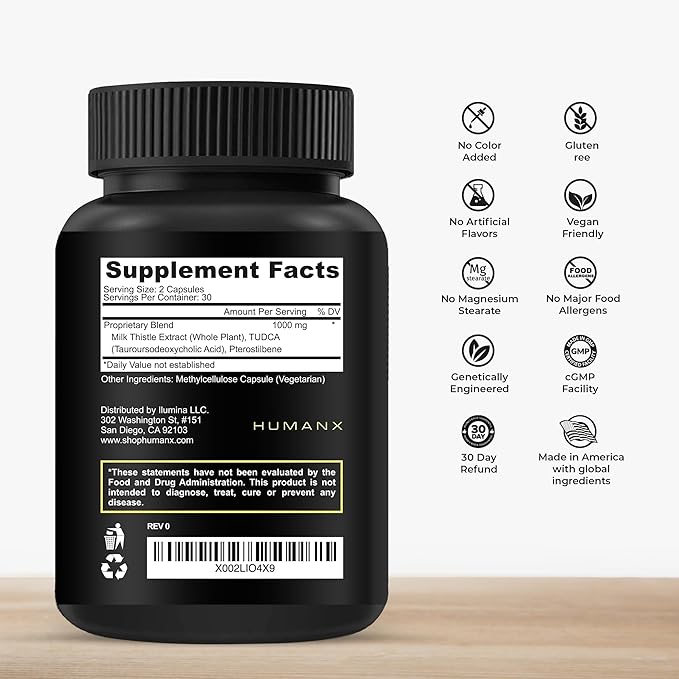 HUMANX TUDCA+ 1000mg (Tauroursodeoxycholic Acid) Powerful Serving Size - Liver Health Aid for Detox and Cleanse - Vegan, Non GMO - USA Made Easy to Swallow Capsules - Tudca Bile Salt Supplement Powder