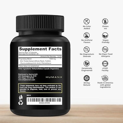 HUMANX TUDCA+ 1000mg (Tauroursodeoxycholic Acid) Powerful Serving Size - Liver Health Aid for Detox and Cleanse - Vegan, Non GMO - USA Made Easy to Swallow Capsules - Tudca Bile Salt Supplement Powder