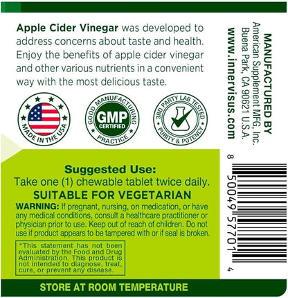 Apple Cider Vinegar 60 Chewable Tablets Healthy Heart Immune Support Energy Production Supplement