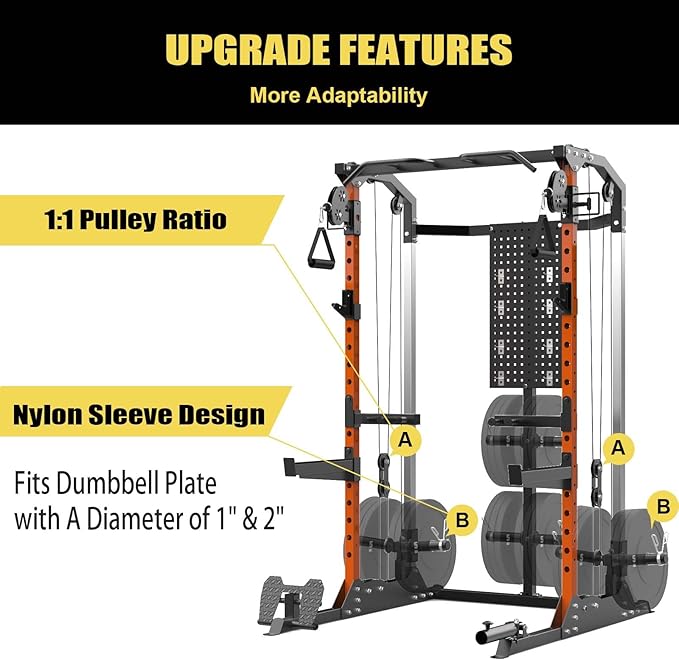 Multi-Function Power Cage, Power Rack with Dual Independent Pulley System, 2000LB Capacity Workout Cage with Adjustable Cable Crossover System and Training Attachment, Squat Rack for Home Gym