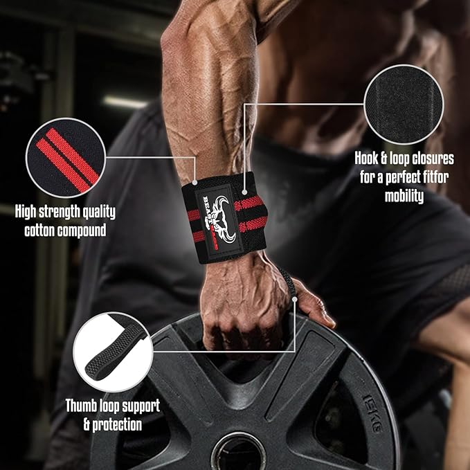 BEAST RAGE Wrist Wraps for Weightlifting - Adjustable Lifting Straps With Thumb Loop for Enhanced Gym Support, Powerlifting, Bodybuilding and Workout