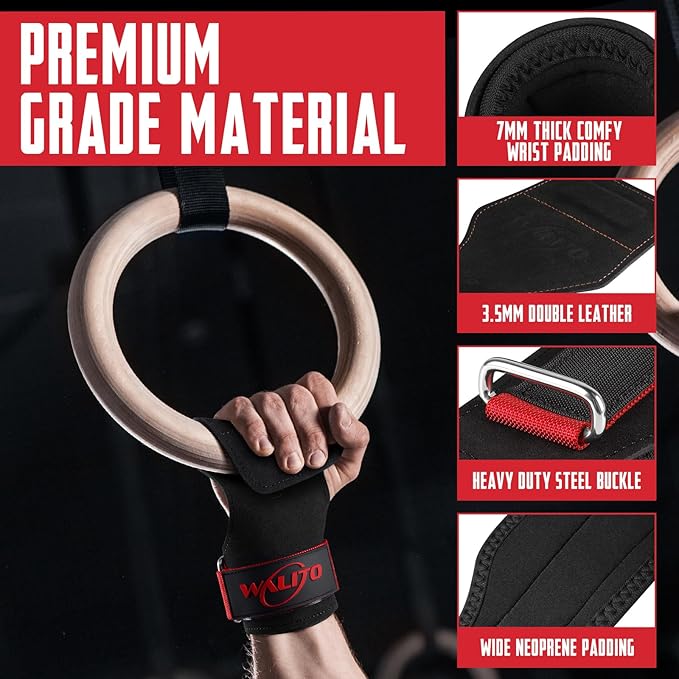 WALITO Weight Lifting Wrist Straps (Pair),Double Layer Leather Grips for Deadlift,Powerlifting and Gym Workouts, Adjustable Neoprene Padded Wrist Wraps - Men/Women, Heavy Duty Support
