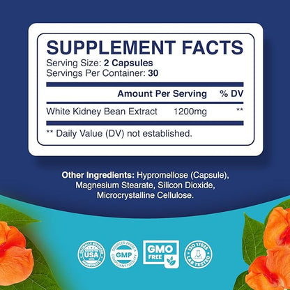 White Kidney Bean Extract Capsule - Extra Strength White Kidney Bean Sugar & Carb Blocker plus Appetite Suppressant Support - Plant Based Energy Supplement - Non-GMO Gluten Free & Made in the US