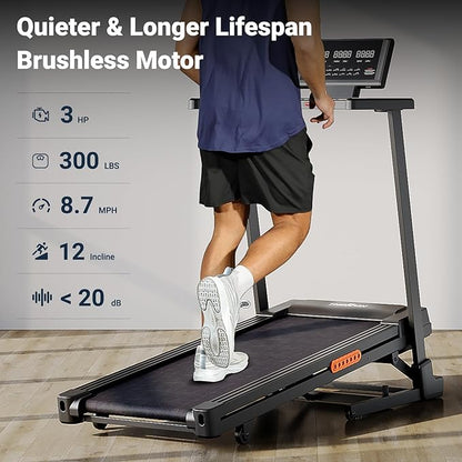 THERUN Treadmill with Incline, 3.0 HP Foldable Treadmills for Home, Brushless Motor Auto Incline Treadmill, 12 Level Adjustable, 300 LBS Capacity, Quiet Running