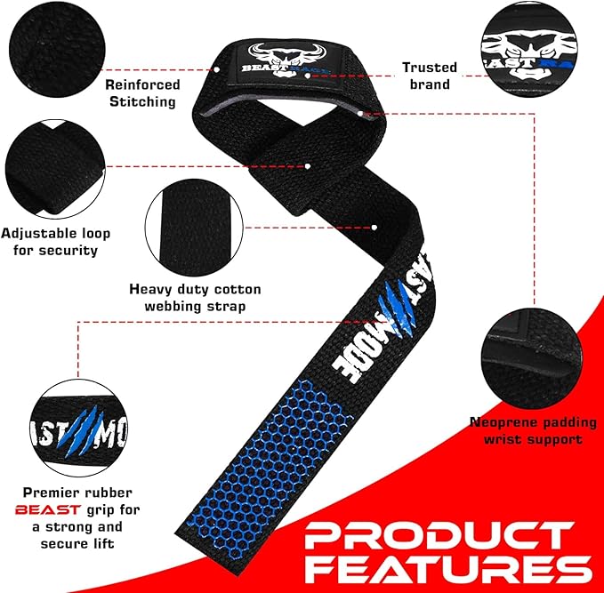 BEAST RAGE Lifting Straps for Weightlifting, Weight Lifting Straps Gym Power Workouts Lifting Wrist Straps Padded Cotton Men Women Support Lifters Deadlift Straps Hard Pull Exercise Straps