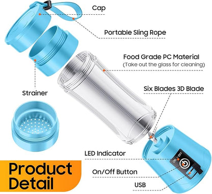 Cordless Personal Size Portable Blender - Blender Make Smoothies & Shakes, 12 Oz BAP Free Traveling Cup, Quickly Squeezed in Office/Picnic/Sprots