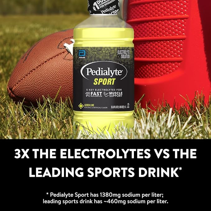 Pedialyte Sport Electrolyte Drink, Fast Hydration with 5 Key Electrolytes for Muscle Support Before, During, & After Exercise, Lemon Lime, 1 Liter, Pack of 4