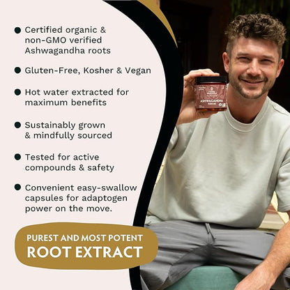TRIBE ORGANICS Vegan Ashwagandha KSM 66 Pure Organic Root Powder Extract Ayurvedic Supplement - Focus Mood Support Increase Energy Strength 600mg of Natural KSM66 for Superior Absorption - 90 Capsules