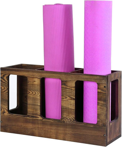 MyGift Wall Mounted Vintage Gray Solid Wood Yoga Mat Holder Fitness Gym Foam Roller Storage Organizer, Floor Standing Sports Exercise Mat Rack